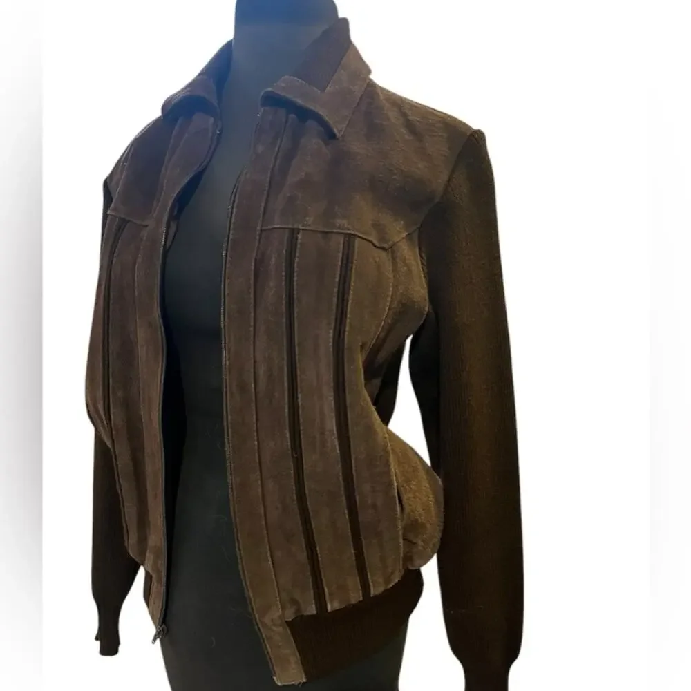 Vtg 80s Rugged Brown Suede Knit Sleeve Retro Grandpa Bomber Jacket M Retro